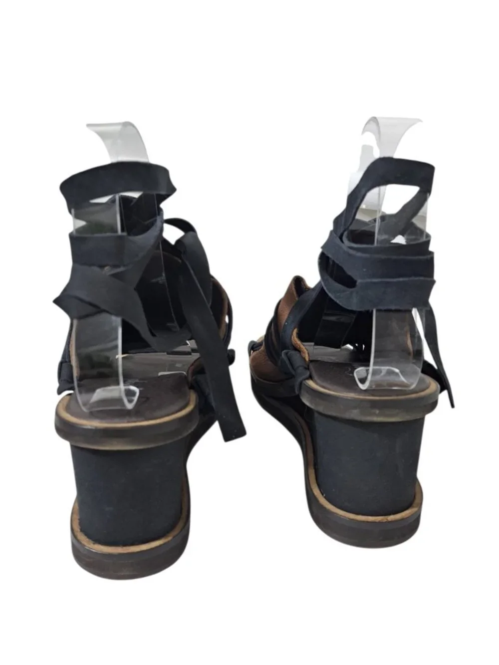 Free People Bowery Leather Lace-up Wedge Boho Sandals Black Brown Sz 39
